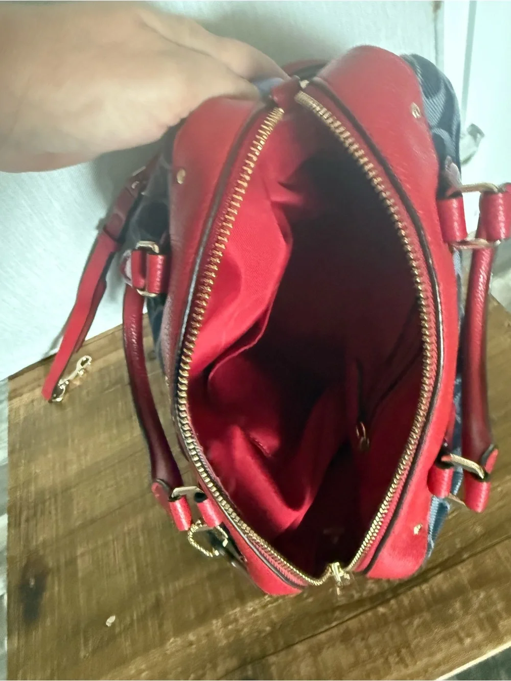 Small Coach Rowan Signature Satchel with Red Leather Trim